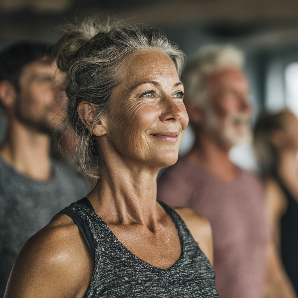 Middle-aged people participating in group fitness session